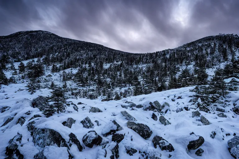 Prompt: franconia ridge, a mountain covered in snow and rocks under a cloudy sky, a tilt shift photo by david budd, trending on unsplash, hudson river school, high dynamic range, still from grand theft auto 5, rockstar advanced game engine