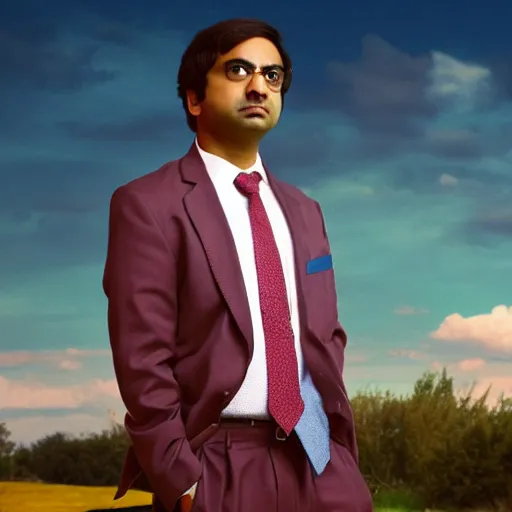 Image similar to Raj Koothrappali as Saul Goodman, promo poster, clouds in the background, cinematic light, 35 mm, film grain, movie, realistic