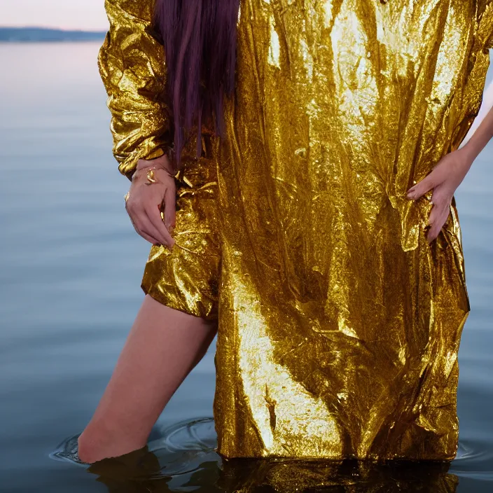 Image similar to a closeup portrait of a woman wrapped in plastic, standing next to a levitating gold luminescent orb, in a lake, color photograph, by vincent desiderio, canon eos c 3 0 0, ƒ 1. 8, 3 5 mm, 8 k, medium - format print