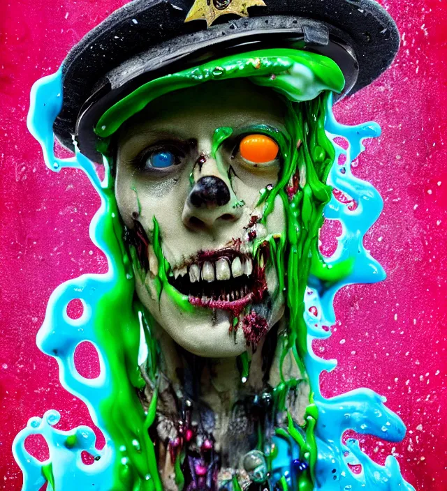 Image similar to beautiful 3 5 mm photograph of a slimy rotting zombie wearing a police uniform and police hat covered in colorful wet goop, dripping with colorful liquid, policeman, cop, biocop, intricate details, dark ambient, service cap, atmospheric, movie poster, poster, horror, elegant, super highly detailed, professional digital photo, artstation, concept art, 8 k