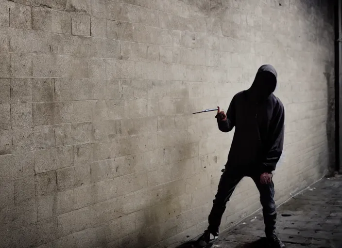 Image similar to hooded man spray painting graffiti on brick wall, cinematic lighting