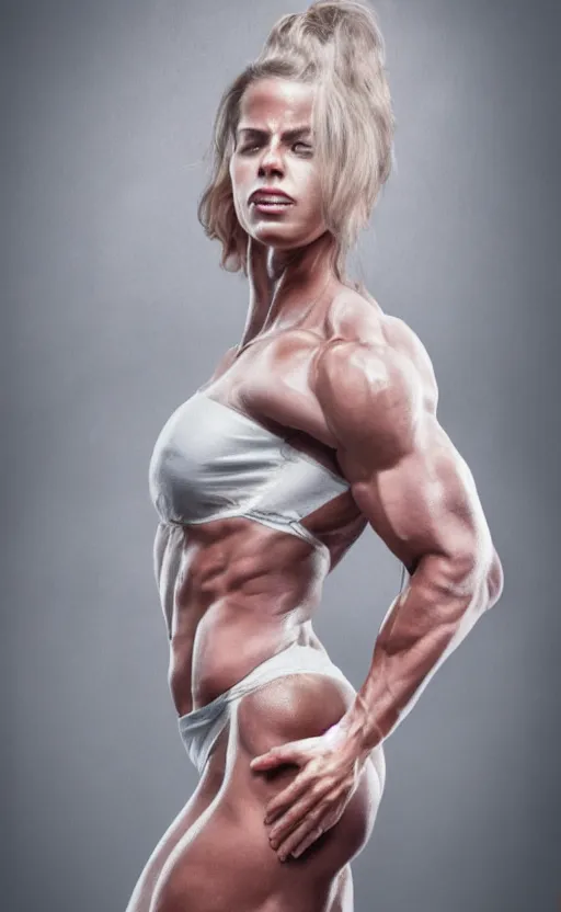 Image similar to realistic colorful photo portreit of beautiful bodybuilder woman posing in white peignoir, full leight, ultra rendered extreme realism and detail, 8 k, highly detailed, realistic, photorealistic,