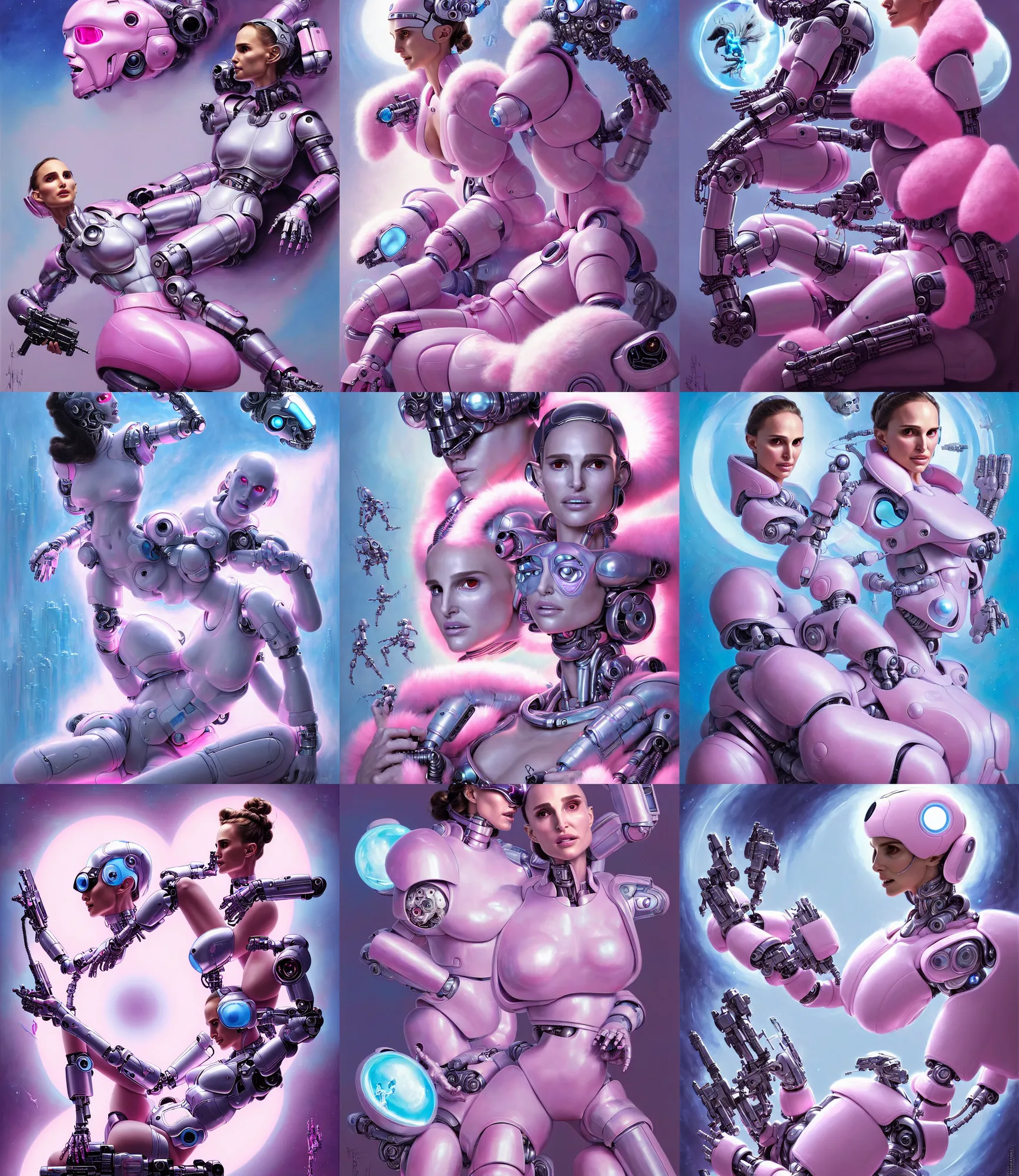 Prompt: beautiful fantasy character portrait of a natalie portman cyborg, terminator lighting, wearing pink and baby blue puffy bomber jacket with white fur, seductive reclining pose, ultra realistic, circled by robots, mass effect artifacts, highly detailed by peter mohrbacher, hajime sorayama, wayne barlowe, boris vallejo, aaron horkey, gaston bussiere, craig mullins