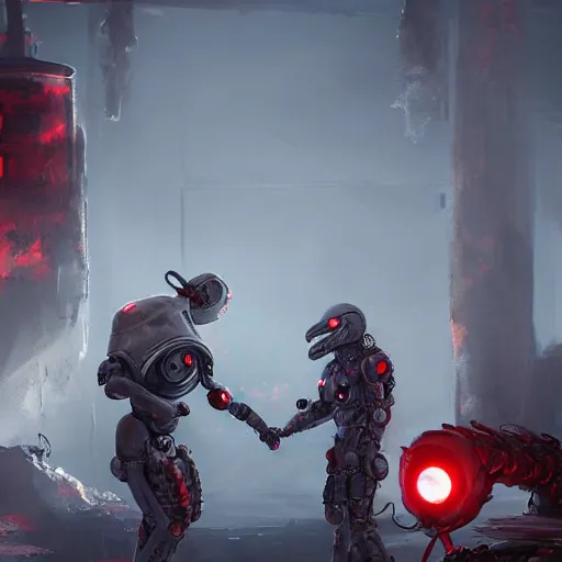 Prompt: post - apocalyptic, a very strong robot with red enerygies shaking the hand with a mighty alien creature that has multiple eyes. smoke. volumetric lighting, sharp focus, ultra detailed, cgsociety