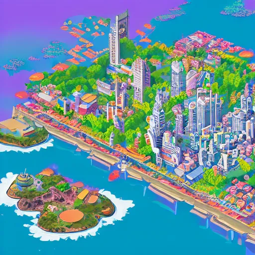 Prompt: isometric aerial view of a giant waterfall city with tall skybridges and turrets, fantasy art, in the style of sun city 5, bold colors, detailed, 4K, by studio ghibli