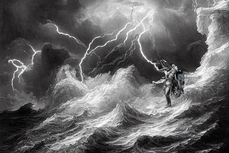 Image similar to highly detailed and cinematic romantic, edge of the universe, the great roman demigod with a gladius, symmetrical face, magical, roman myth, masterpiece, crashing waves, lightning, highly detailed painting by gustave dore