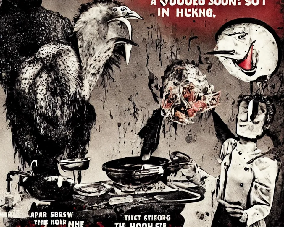 Image similar to a horror movie poster featuring a ostrich hosting a cooking show,