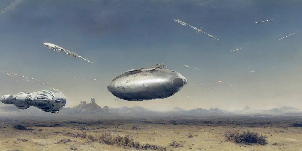 Prompt: Fernand Khnopff super technologies white giant spaceship starship battlestar airship superstructure deck, landed laying in center on tansy wormwood field, mountains afar by Fernand Khnopff by john berkey, oil painting, concept art, interstellar movie