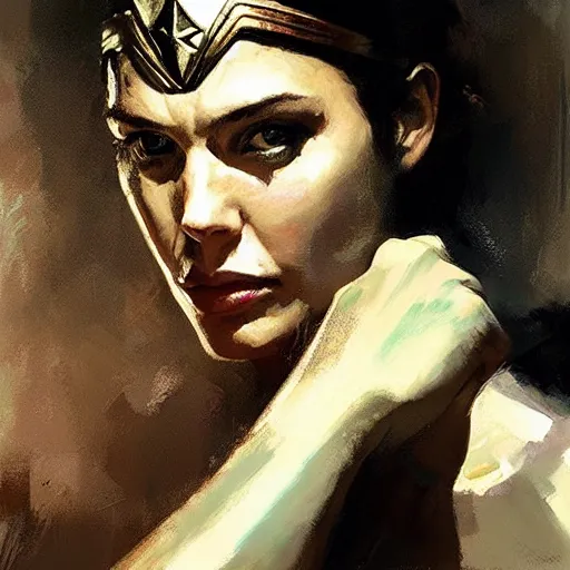 Image similar to face protrait of wonder woman, realistic, ultrahd, jeremy mann painting