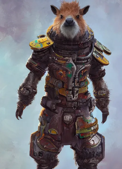 Image similar to detailed full body concept art illustration oil painting of an anthropomorphic capybara space pirate in full intricate armor, biomutant, dystopian, ultra detailed, digital art, octane render