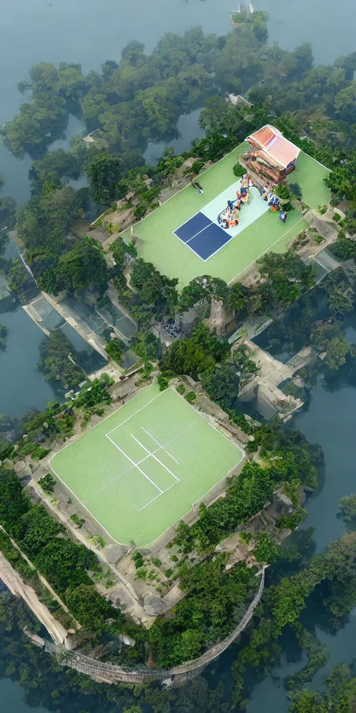 Image similar to Tennis court on the island of floating air, Castle in the Sky style