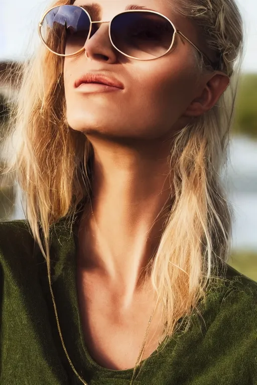 Prompt: photograph of an olive skinned blonde female model in her twenties, her hair pinned up, designer sunglasses, wearing a designer top, looking content, focused on her neck, photo realistic, extreme detail skin, natural beauty, no filter, slr, golden hour, 8 k, high definition, selfie