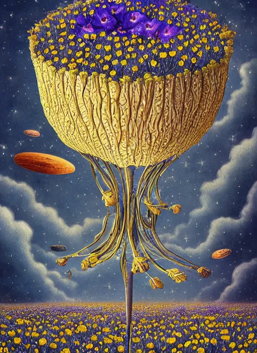 Image similar to detailed, intricate blue black and purple papaverum flower on the field, nebula, galaxy in the sky, winning award masterpiece, fantastically beautiful, illustration, aestheticly inspired, jacek yerka, upscale with anguissola sofonisba work, artstation, 8 k