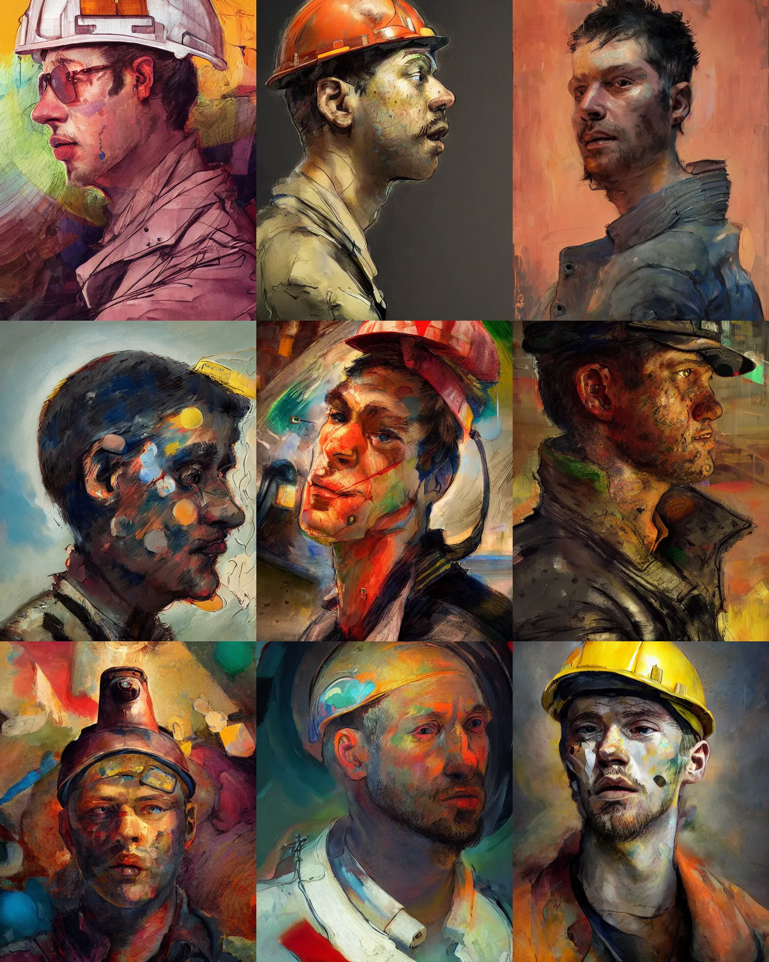 Prompt: side portrait of a port worker, in the style of disco elysium, expressionism, artstation, trending, by aleksander rostov, jenny saville, rembrandt, alex kanevsky, wassily kandinsky, dave mckean, yoshitaka amano