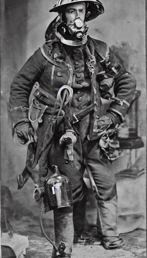 Prompt: 1 8 th century fire fighter with breathing apparatus and high tech gear, cutting edge technology of the time, fire fighter gear from the 1 8 0 0's, fireman wearing protective gear and breathing equipment, early oxygen tanks, early breathing equipment to help survive fires and smoke a museum piece from early 1 8 0 0's