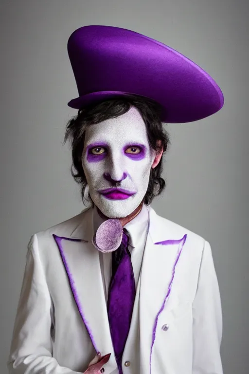 Image similar to a purple skinned tiefling with a goatee wearing a white suit and tophat, purple skin, goatee, by Monia Merlo
