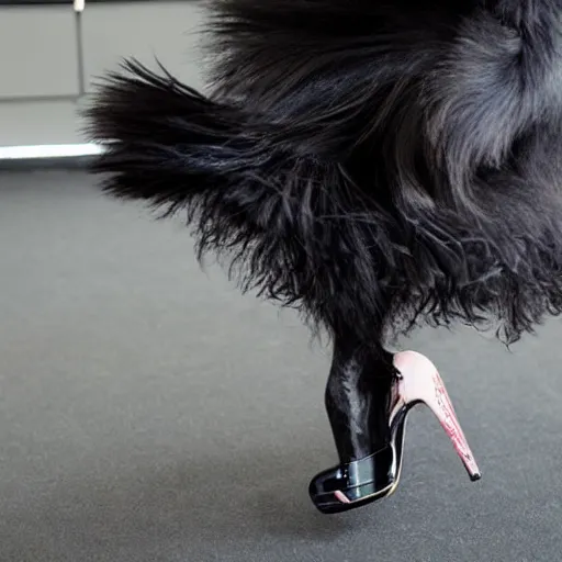 Prompt: a detailed photo of a black cat dancing in high heels