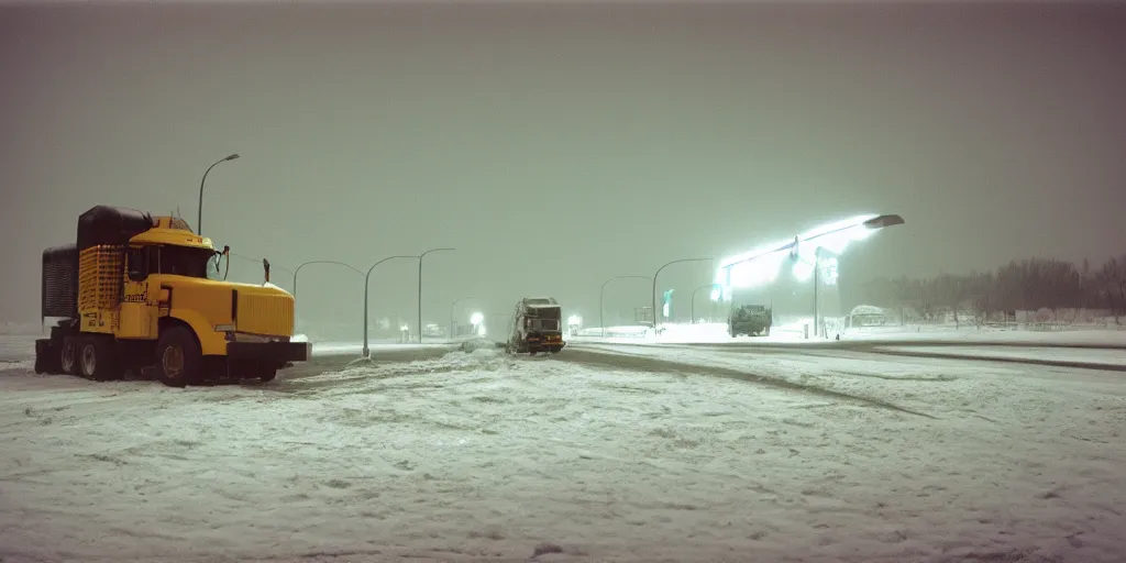 Image similar to photo, big snow plow truck is in the distance with a bright headlighta. cold color temperature, snow storm. hazy atmosphere. humidity haze. kodak ektachrome, greenish expired film, award winning, low contrast,