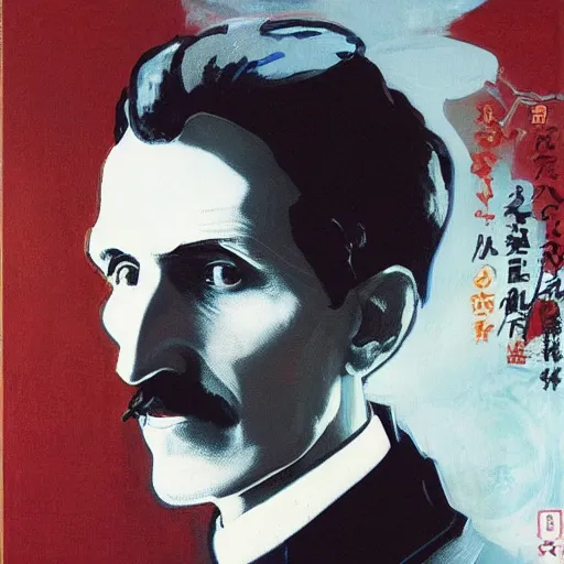 Prompt: portrait of nikola tesla, hanafuda oil on canvas by ivan shishkin, james jean and yoji shinkawa