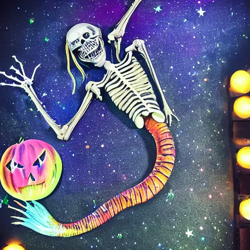 Image similar to stop motion bipedal halloween skeletal eel skeleton fantasy mermaid with a boney fish body, on a spray painted cardboard dock with a hand painted night sky full of led glittery stars, adorable, side profile, macro camera lens