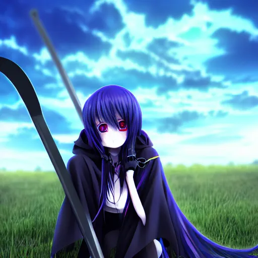Prompt: A cute young real life 3D anime girl with long blueish violet hair, wearing a black reaper hood with shorts, a bloody scythe is laying next to her foot, in a dark field, top down angle, laying on her back, full body, moody lighting