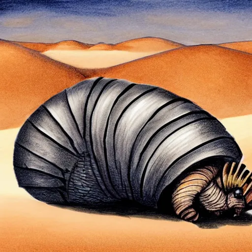 Image similar to fantasy drawing of a giant armadillio - like creature in the desert