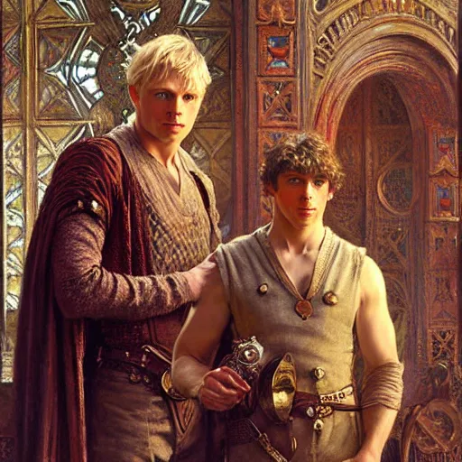 Prompt: arthur pendragon and merlin. focus on their faces. highly detailed painting by gaston bussiere, craig mullins, j. c. leyendecker, alphonse mucha 8 k