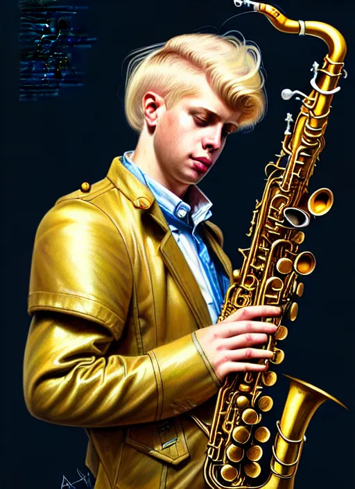 Image similar to portrait of a blond man playing sax, warhammer 40000, cyberpunk, intricate, elegant, highly detailed, digital painting, artstation, concept art, smooth, sharp focus, illustration, art by artgerm and greg rutkowski and alphonse mucha and Gustav Klimt