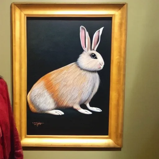 Image similar to a rabbit proudly posing next to a painting of a guinea pig