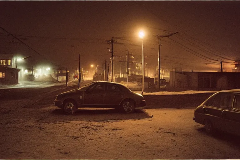 Image similar to an emty street of a city on the Moon called Noviy Norilsk, with a car at night with only by one street light, photo by Gregory Crewdson,