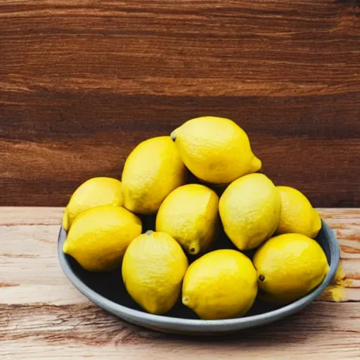 Prompt: a bowl of moldy lemons on a wooden table next to a couch, close up, dslr photo