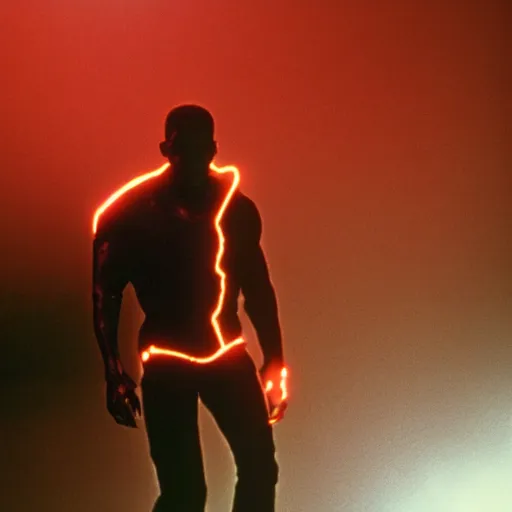 Prompt: film still of will smith as the terminator (1984 film),glowing red eyes, half exposed exoskeleton face, half cyborg, film grain, insanely detailed, 4k, photorealistic, hd