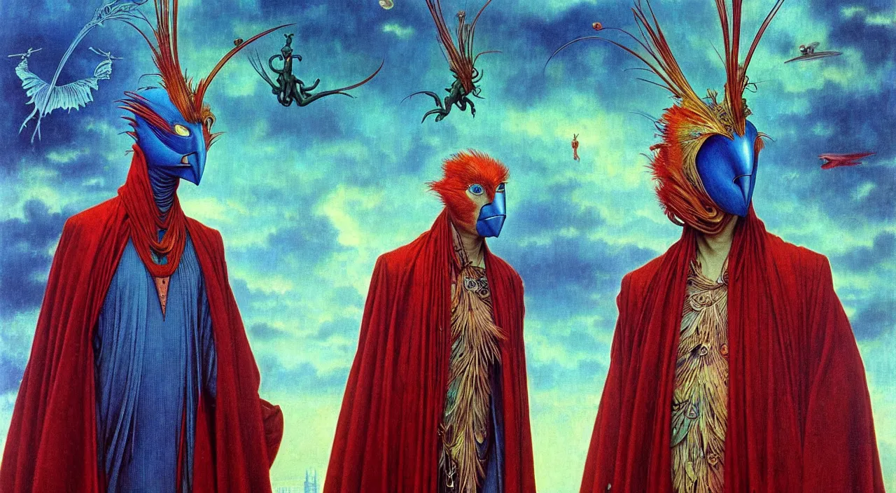 Image similar to realistic detailed portrait movie shot of a birdman wearing dark robes, sci fi city landscape background by denis villeneuve, amano, yves tanguy, alphonse mucha, ernst haeckel, max ernst, roger dean, masterpiece, rich moody colours, blue eyes, occult