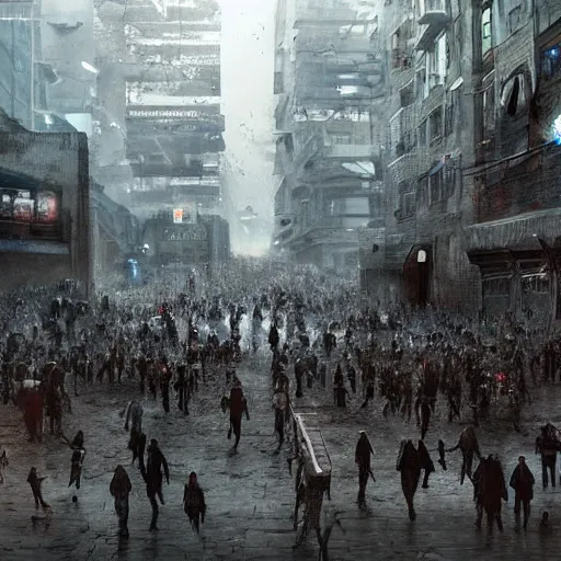 Image similar to hordes of drone-like people aimlessly walking around a depressing dystopian cityscape , trending on artststion, hyper realistic, surreal, melancholic, 8k, upscaled