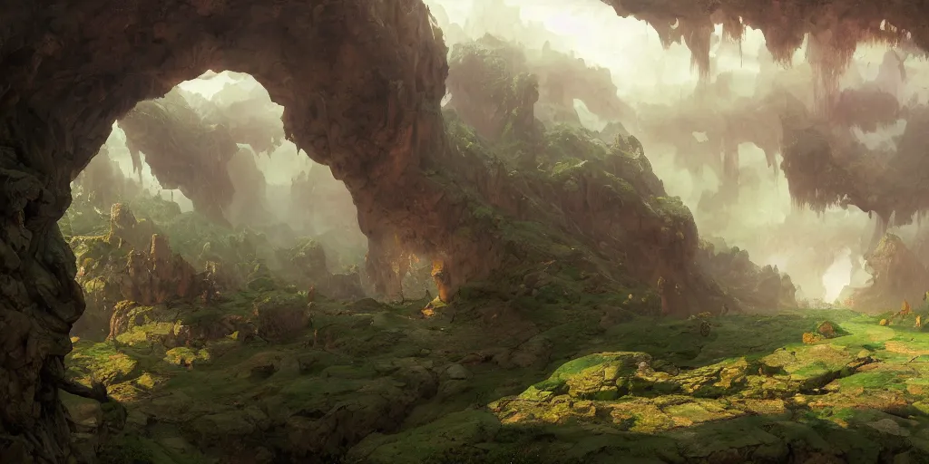 Prompt: bytopia planescape huge cave ceiling clouds made of green earth towns, villages castles, buildings inverted upsidedown mountain artstation surreal dreamlike inception illustration sharp focus sunlit vista painted by ruan jia raymond swanland lawrence alma tadema zdzislaw beksinski norman rockwell tom lovell alex malveda greg staples