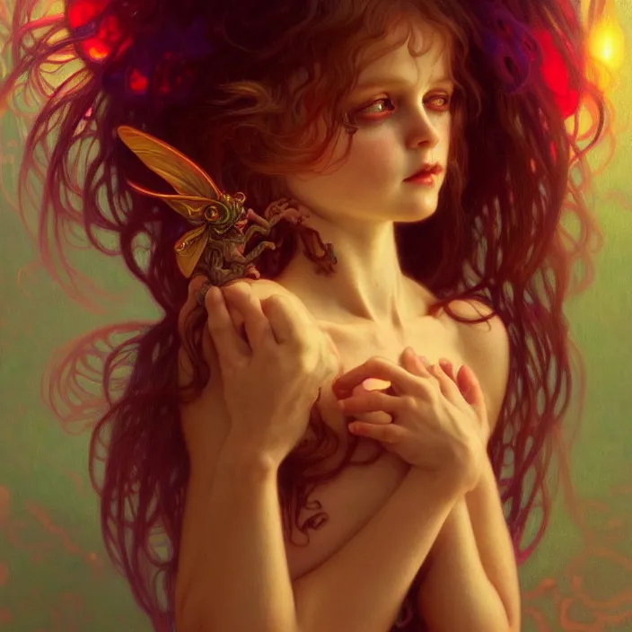 Image similar to psychedelic cute little demon, diffuse lighting, fantasy, intricate, elegant, highly detailed, lifelike, photorealistic, digital painting, artstation, illustration, concept art, smooth, sharp focus, art by John Collier and Albert Aublet and Krenz Cushart and Artem Demura and Alphonse Mucha