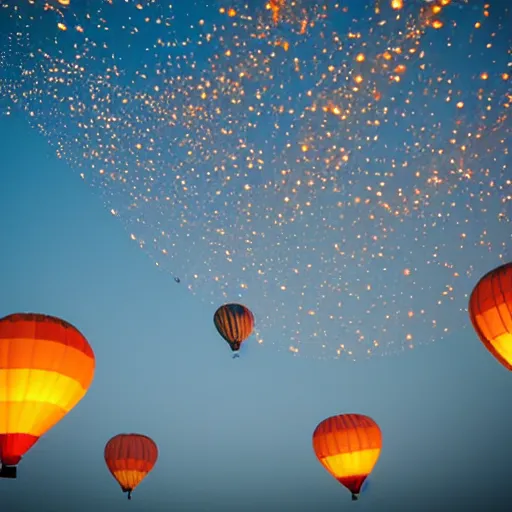 Prompt: at night, nyc, camera looking up, beautiful hot air balloons in a jellyfish shape