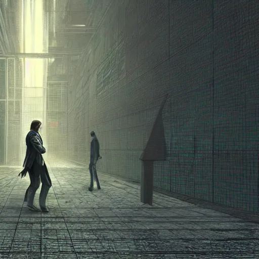 Prompt: a man walking into the matrix, concept art, illustration, highly detailed, artwork