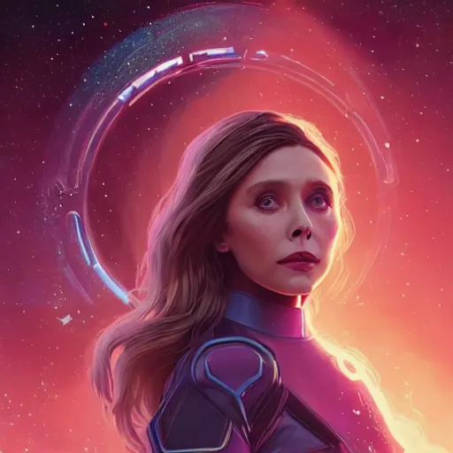 Image similar to Elizabeth Olsen as a stunning , beautiful retro SCI-FI space heroine 1985 , movie poster, intricate, elegant, highly detailed, centered, digital painting, trending on artstation, concept art, smooth, sharp focus, illustration, art by raphael lacoste ,eddie mendoza ,alex ross, WLOP