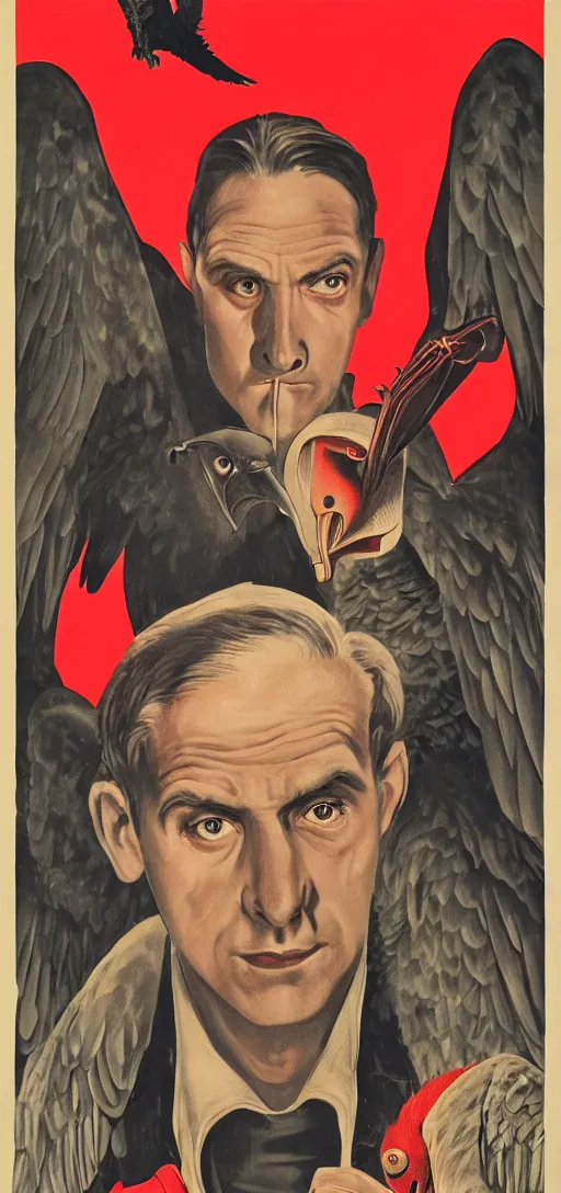 Prompt: mistery man in hood and red eyes with a dager, and a vulture, 1940s propaganda poster, full hd,highly detailed