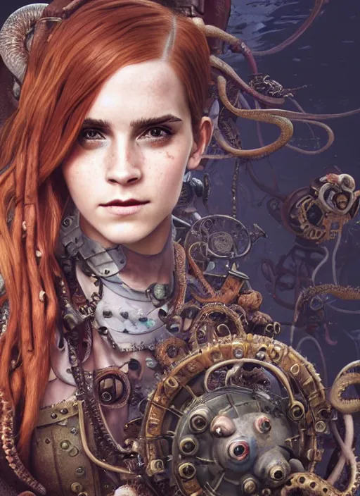 Image similar to underwater steampunk pirate portrait of emma watson, red hair, octopus, giger, hyper detailed, digital art, cinematic lighting, studio quality, smooth render, unreal engine 5, octane rendered, art style by klimt and nixeu and ian sprigger and wlop and krenz cushart.