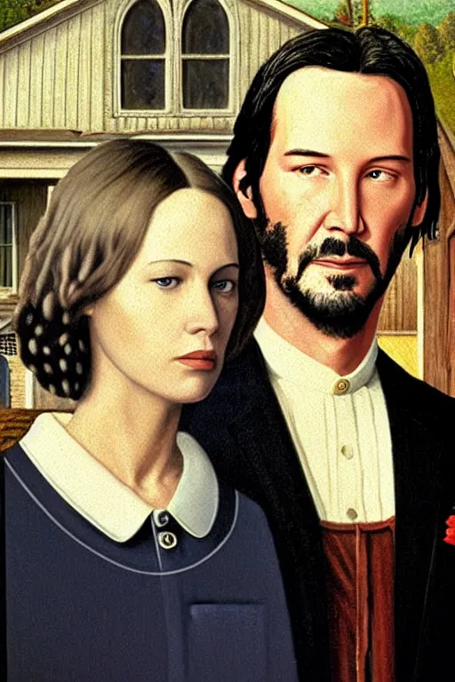 Prompt: painting of Keanu Reeves and Jennifer Lawrence as the couple in American Gothic in the style of Grant Wood