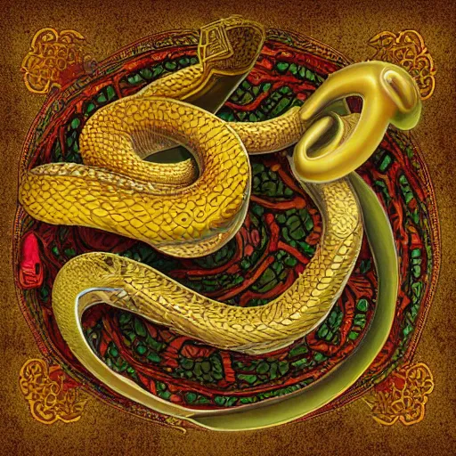 Image similar to a serpent guarding its treasures, digital art