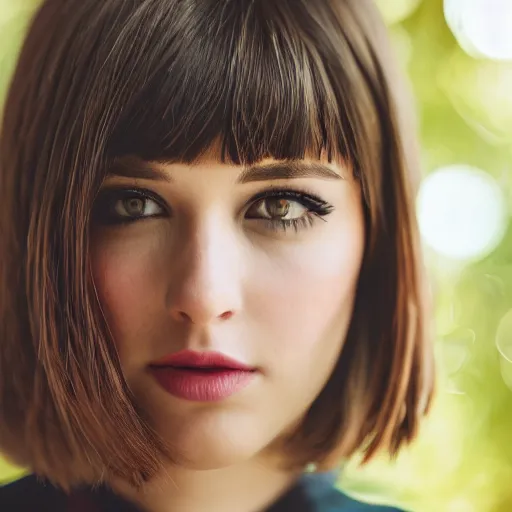 Prompt: fashion model short hair bangs looking into lens heavy bokeh modern fashion look