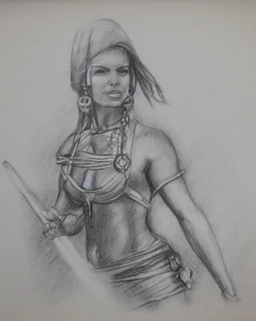 Image similar to A beautiful female warrior on a pirate ship at a deserted island, blended frame, realism pencil drawing on white paper, bald lines