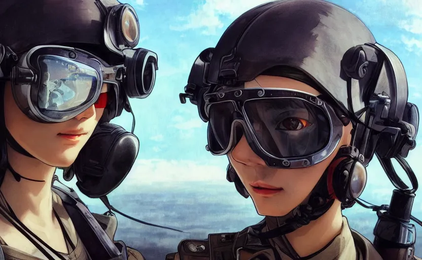 Prompt: a flying girl, fused aircraft parts, military pilot clothing, combat goggles, anime style, short hair, hair down, symmetrical facial features, from arknights, hyper realistic, 4 k, rule of thirds, extreme detail, detailed drawing, trending artstation, hd, realistic lighting, by alphonse mucha, greg rutkowski, shoulder eyes, backlit