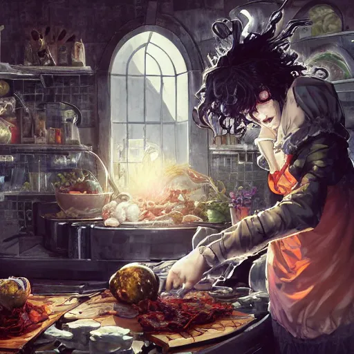 Image similar to goth woman making dinner, color page, tankoban, 4 k, tone mapping, akihiko yoshida, james jean andrei riabovitchev marc simonetti, yoshitaka amano, long hair, curly, h. hydrochaeri