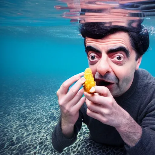 Prompt: An Alec Soth portrait photo of Mr. Bean eating his corndog fingers while underwater. An octopus can be seen in the distance