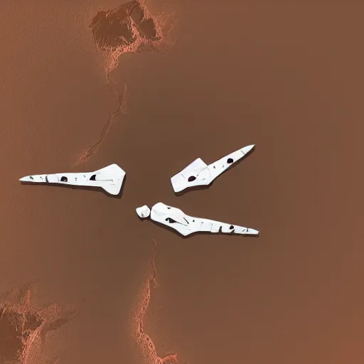 Prompt: two white very long intricate spacecraft with minor red details, flying in formation above the surface of mars, highly detailed, photorealistic, cinematic, sci-fi, octane render, bird\'s eye view