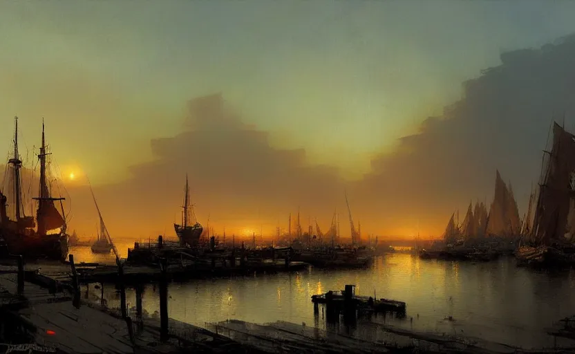 Image similar to an old harbour at dusk by greg ruthkowski and craig mullins and caspar david friedrich